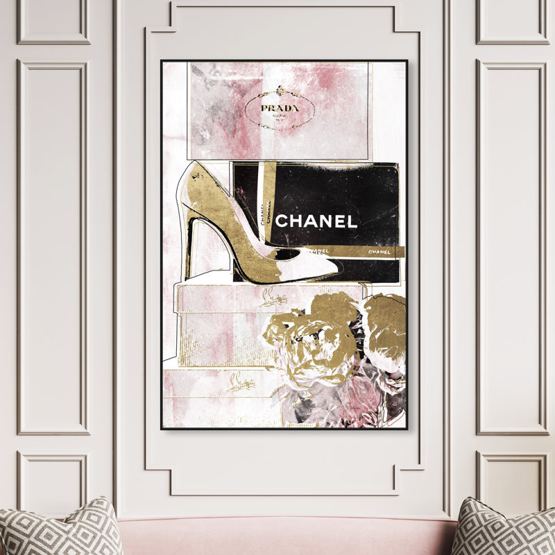 " Luxury Stacked Shoes Rose ", Black Framed, 54" H x 36" W