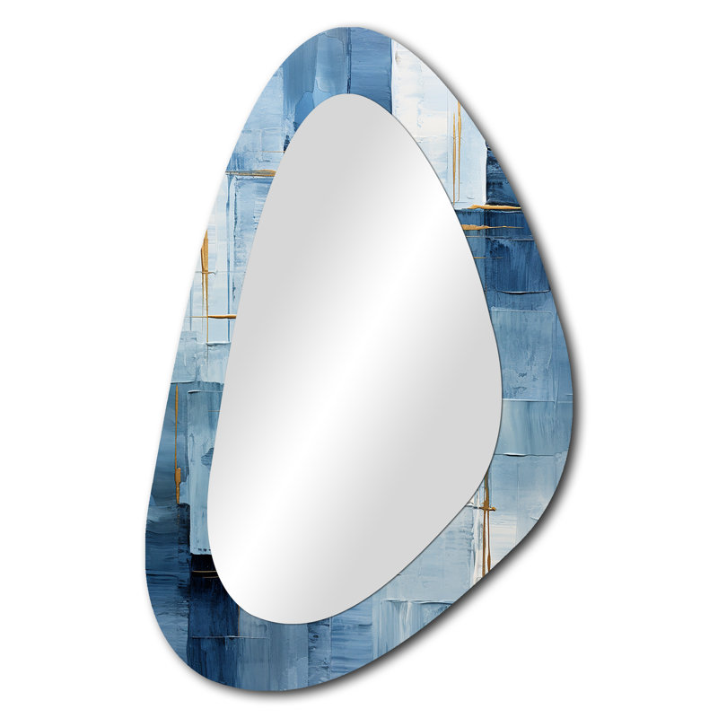 Bleu et blanc formes nautiques II - miroir unique de forme côtière unique, grand miroir mural asymétrique bleu, impression d'art en métal