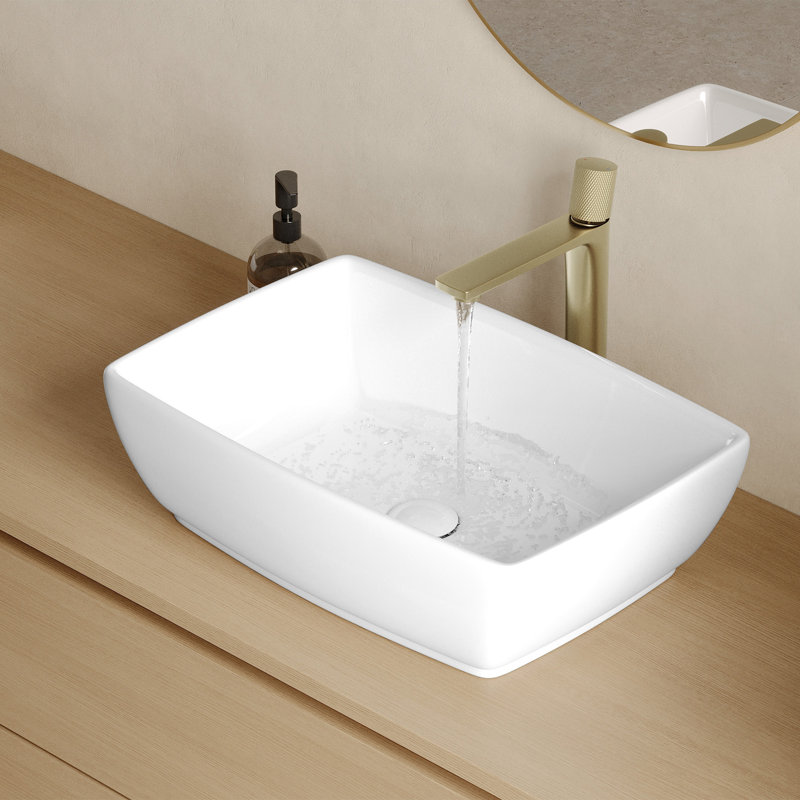 Évier vasque rectangulaire 19 po x 13,38 po en porcelaine blanche avec bonde escamotable en céramique