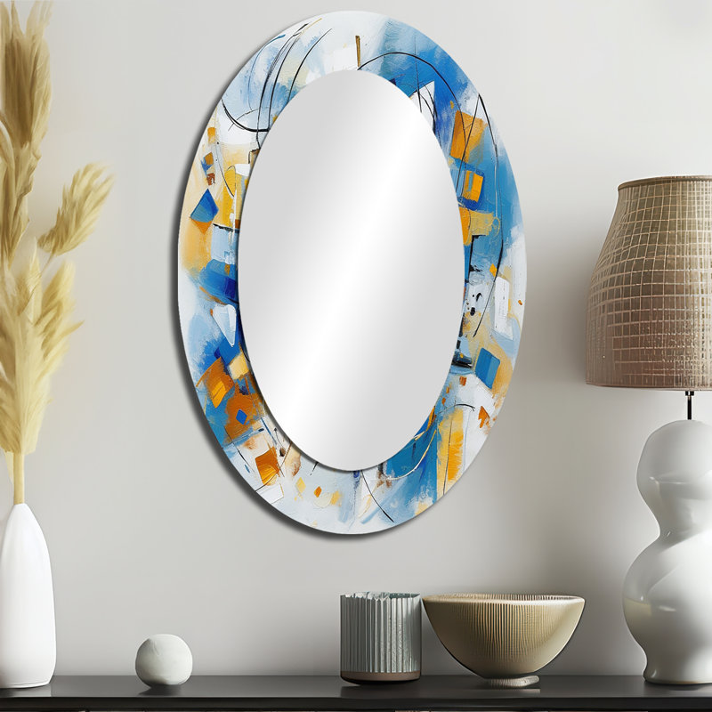 Fractales abstraites bleues et dimensions I - miroir mural ovale moderne bleu, 36 po x 24 po