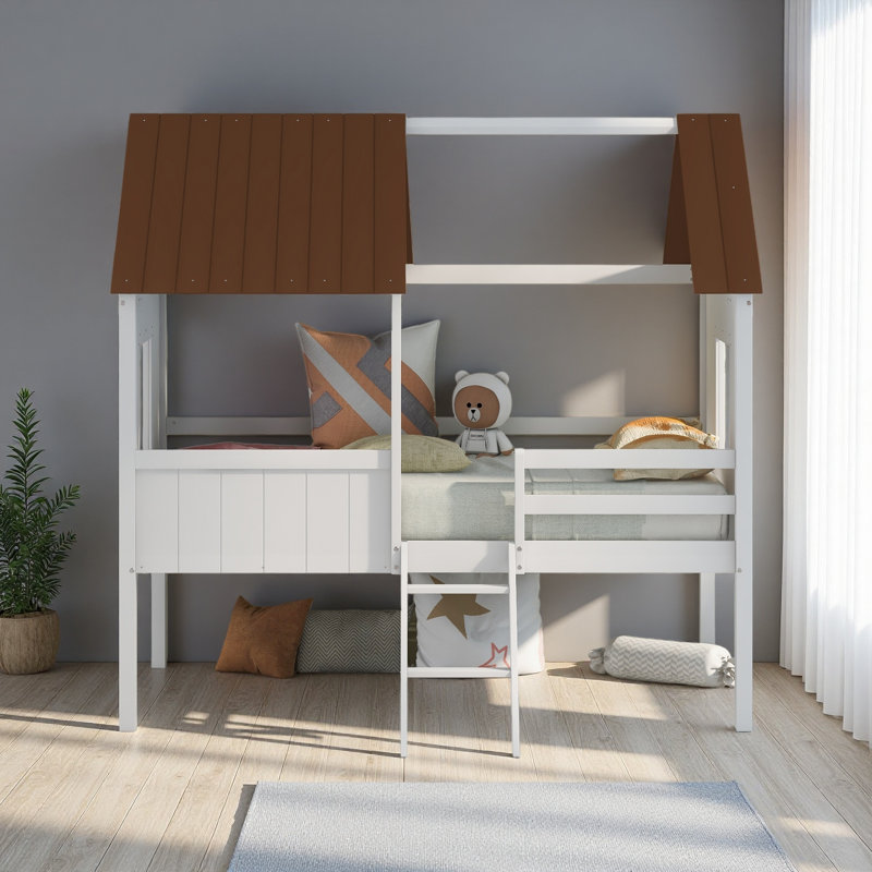 Twin Size Low Loft Wood House Bed With Two Side Windows, Brown/White