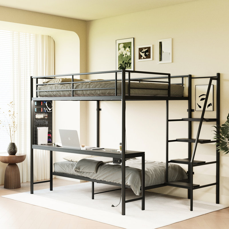 Black Full Size Bed With Bunk, Led Lights, Desk, And - Tipping Wall Attachment For Secure Placement Bunk Twin, Built In Workspace, Guardrails, Lighting Customization