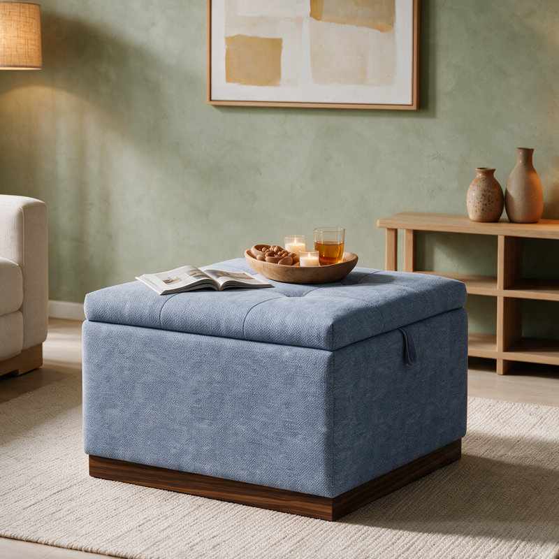 Pouf de rangement carré capitonné de 67 cm (26,3 po) avec couvercle relevable et base en bois, Bleu