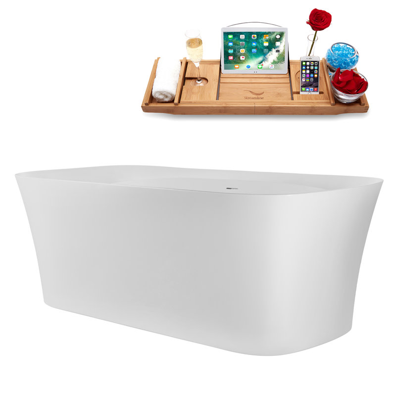 67" Streamline Soaking Glossy White Freestanding Tub and Tray With Internal Drain, Brushed Brass