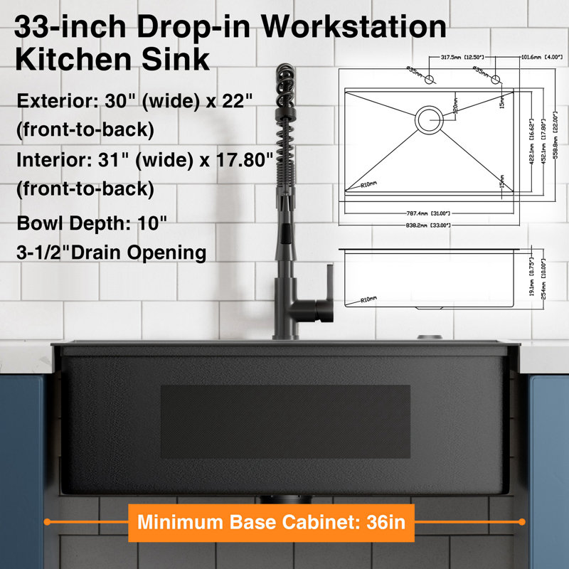 Évier de bureau encastré noir 33 po 33 po