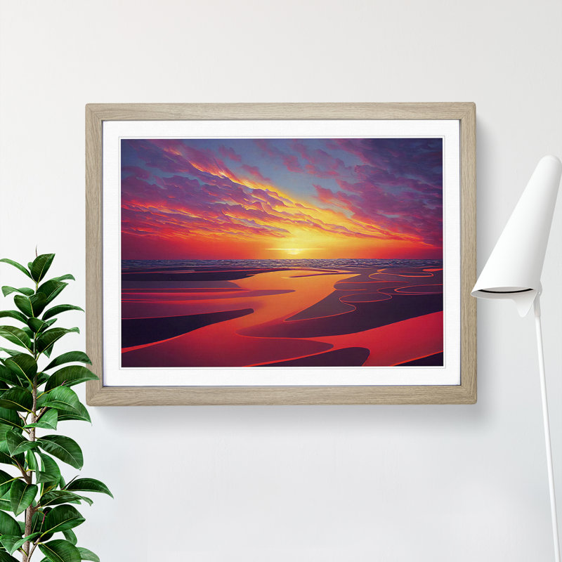 Fierce Ocean Beach Sunset - Single Picture Frame Print, 25cm H x 34cm W x 2cm D, Oak
