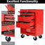 Rangement à 4 tiroirs pour coffre à outils, chariot à roulettes avec glissières à roulement, rouge et noir, rangement supplémentaire pour armoire de rangement avec roulettes universelles en métal de 20 po, serrure à clé, surface