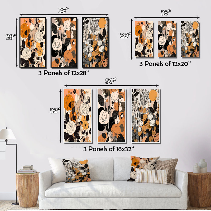 «Retro Terracotta Roses Illustration», 3 pièces, Toile tendue, H 20 po x l 36 po
