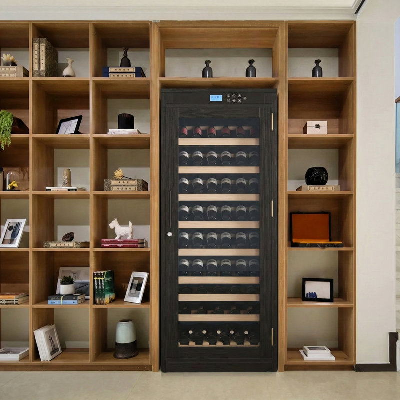 Armoire à vin autoportante en chêne rouge avec compresseur Embraco, contrôle de l'humidité et porte en verre UV