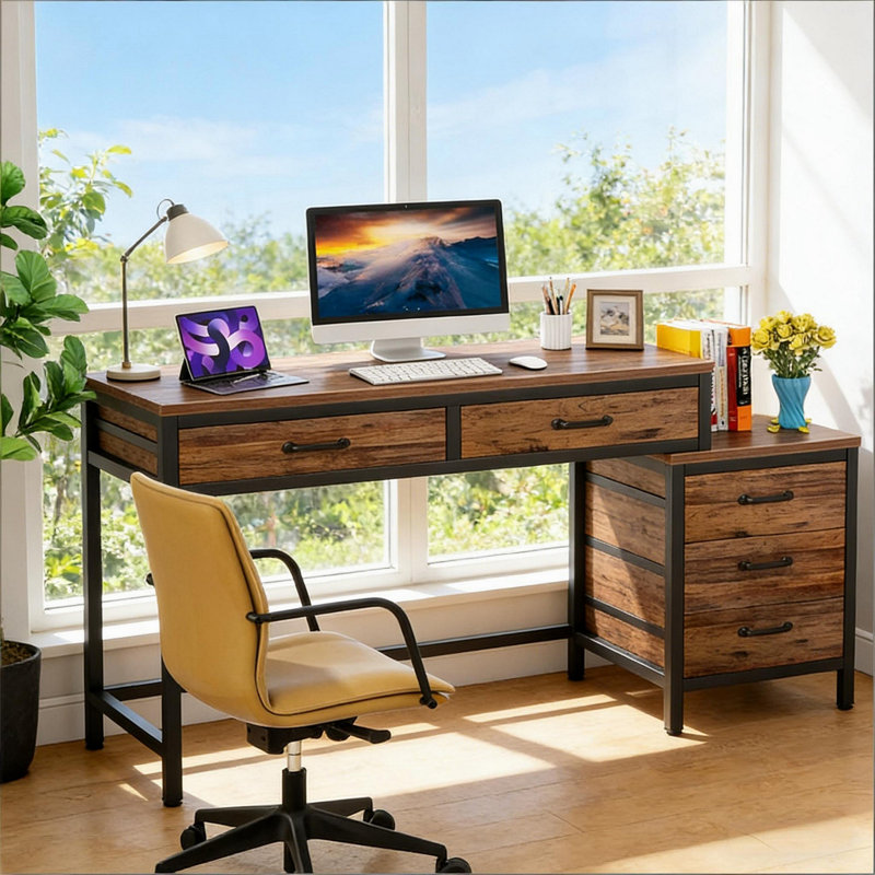 Bureau de style industriel, bureau d'ordinateur, table d'écriture, Noir, brun rustique
