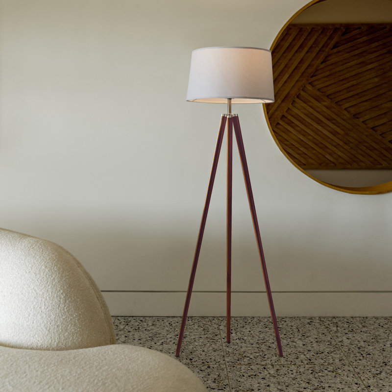 Walnut Brown Tripod Floor Lamp with White Fabric Shade