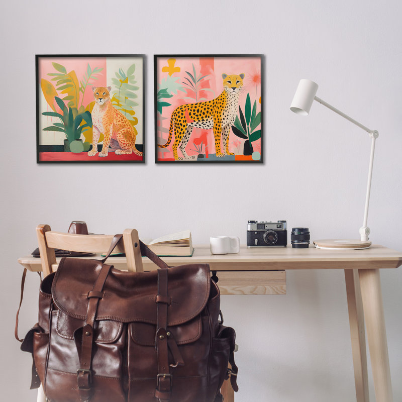 «Jaguar Leopard Pots Palms» par PC, Giclée encadrée noir minuit, H 17 po x l 17 po