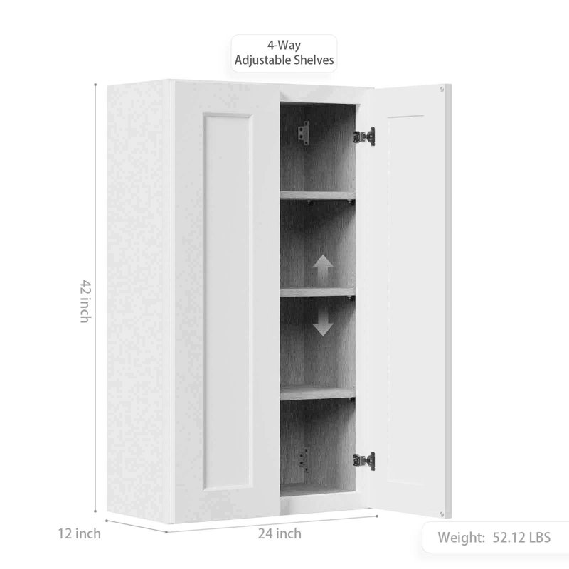 White Shaker Solid Wood Wall Cabinet With Soft-Close Doors, Adjustable Shelves - 24" Double Door Storage For Kitchen, Bathroom, Laundry, Garage (Easy Assembly, 24"W X 12"D X 42"H)