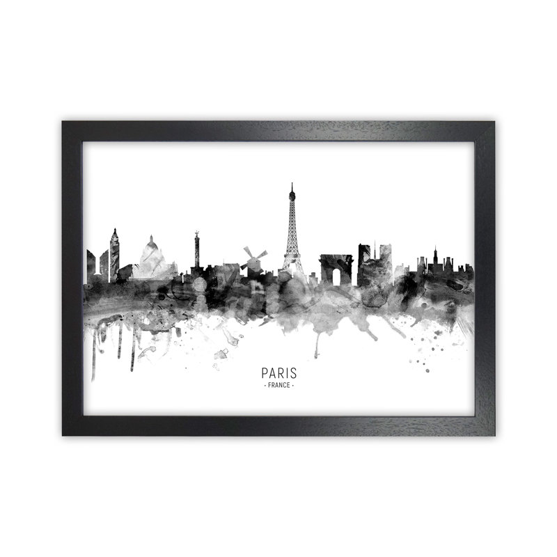 Paris France Skyline Black White City Name by Michael Tompsett - Print, 25cm H x 34cm W x 3cm D, Black Framed