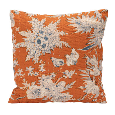 Cotton Voile Printed Pillow With Florals, Hand-Embroidered Kantha Stitch And Chambray Back