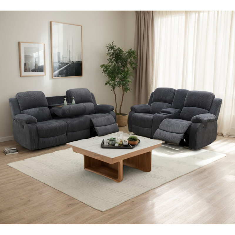 Atlow 2 Piece Fabric Reclining Living Room Set, Black Gray Corduroy 