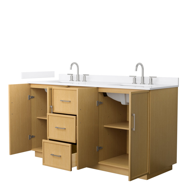 Elan TK 66" Freestanding Double Bathroom Vanity with Quartz Top, White Quartz, Light Oak, Brushed Nickel