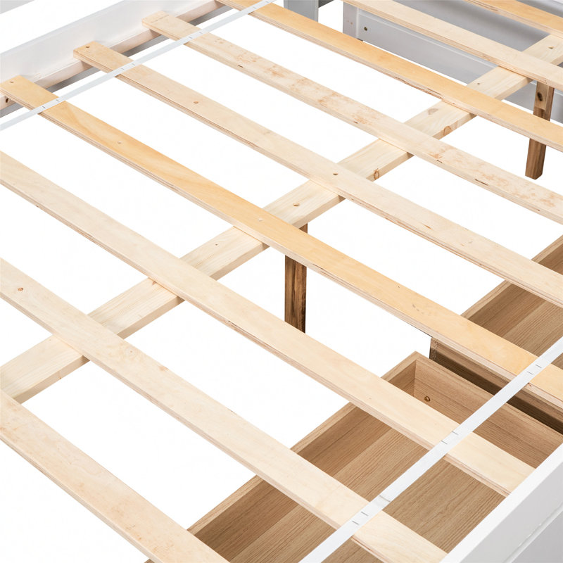 Bed Frame with Built-in L-Shaped Bookshelves & 2 Storage Drawers – Space-Saving Modern Platform Bed, Solid Pine Wood Construction, Minimalist Design