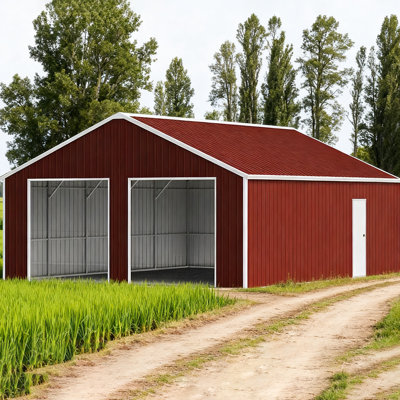 22Ft X 23Ft Double Garage Steel Barn Shed With Red - Brown Color, 14 Gauge Galvanized, 26 Panels, Two Door Openings