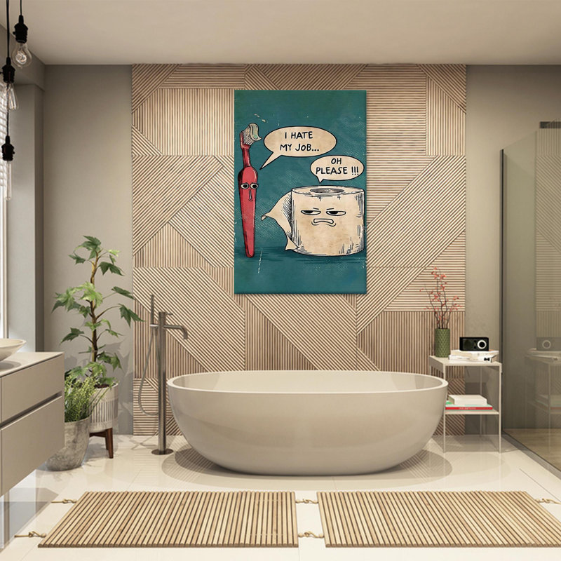 «Hilarious Bathroom Canvas Art»: Brosse à dents imprimée et bande de papier toilette, H: 43,4 po x l: 31,6 po
