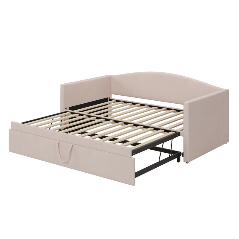 Space-Saving Twin Size Upholstered Daybed with Extended Pop-Up Trundle, Twin-to-King Convertible Sofa Bed for Guest Room