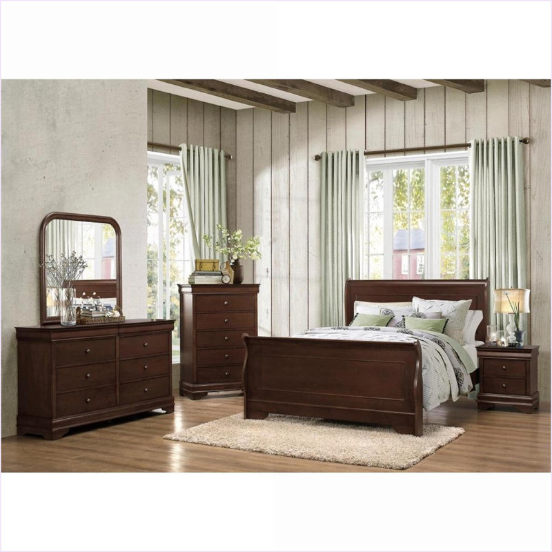 Cadre de lit grand lit en bois de style Louis Philippe avec finition cerisier foncé