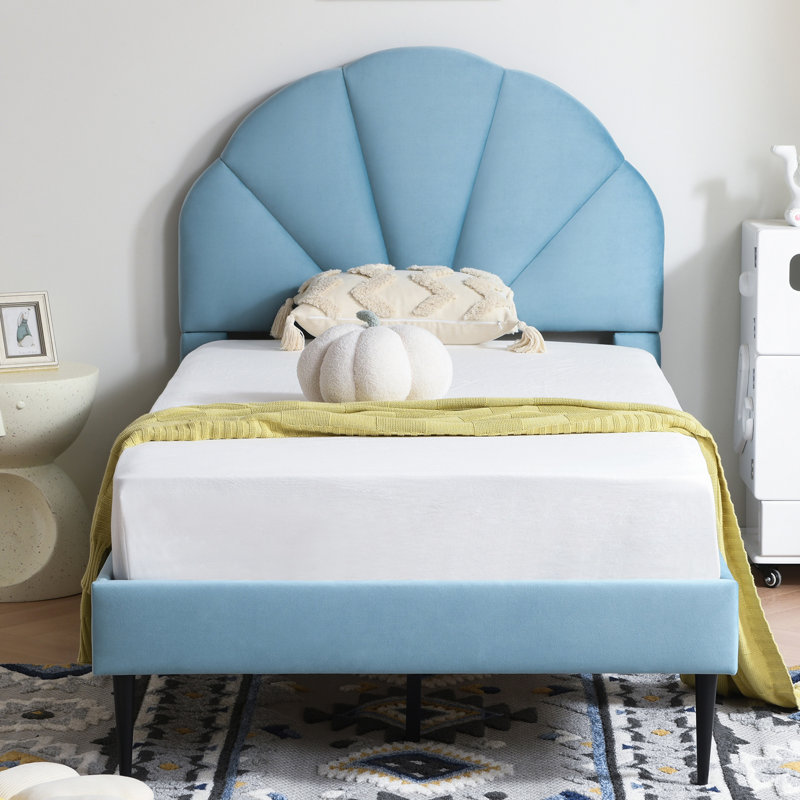 Tête de lit plateforme capitonnée Deeb, Simple, Velours bleu ciel