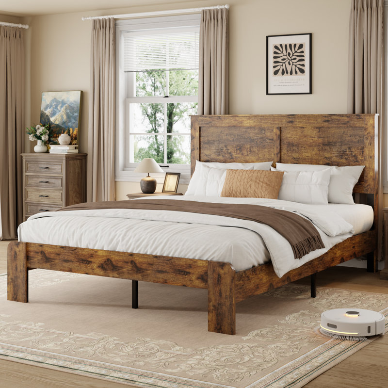 Farmhouse Bed Frame King Size，Wooden Platform Bed Frame with Headboard ,No Box Spring Needed,Easy Assembly, King