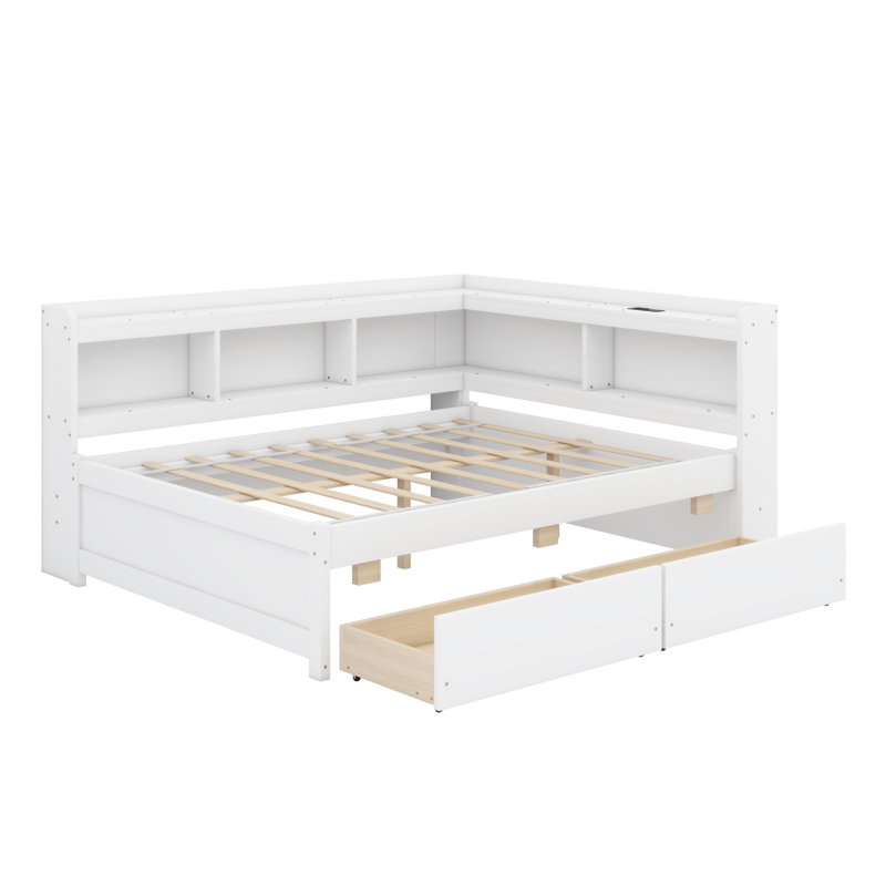 Lit en forme de L avec bibliothèques avec prises de courant, ports de chargement USB, deux tiroirs, Blanc, Double
