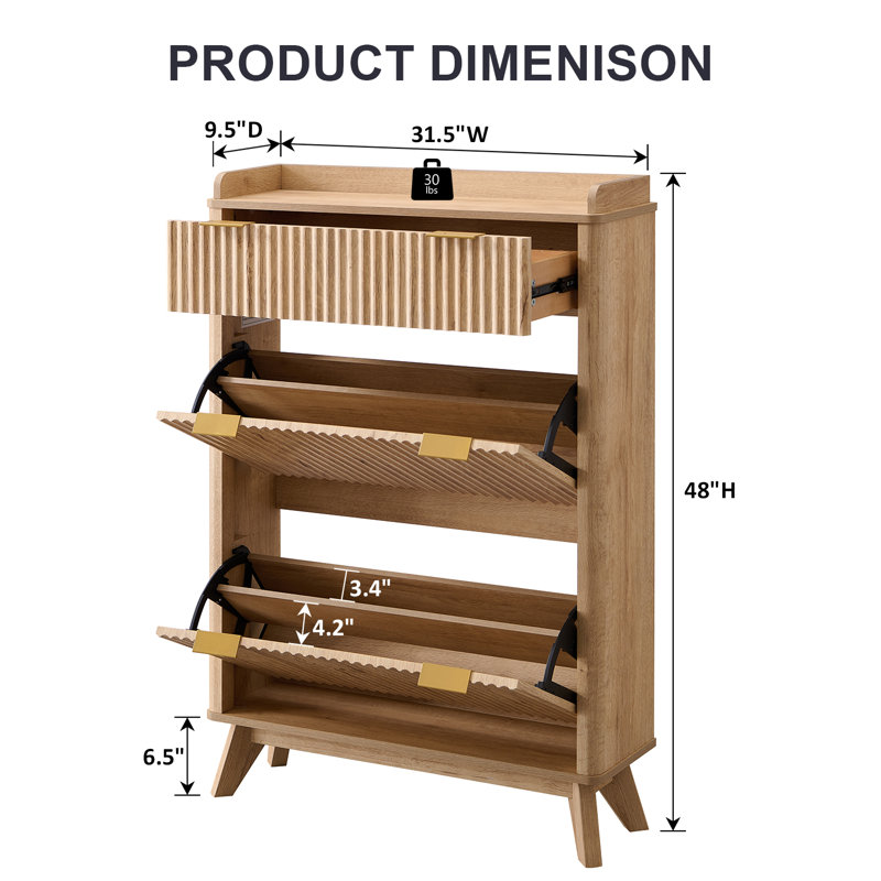 16 Pair Shoe Cabinet, 4-tier Shoe Storage Cabinet With Drawer And Adjustable Shelves, Natural Oak