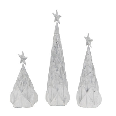 Set of 3 Resin Christmas Trees with White/Silver Foil & Star Top - Festive Tabletop Ornaments for Xmas Holiday Home Decor