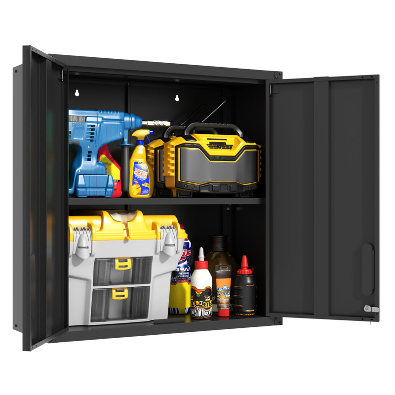 Armoire de rangement murale en métal avec 2 portes verrouillables, 1 tablette réglable et 1 tiroir ouvert pour le garage, le bureau, l'assemblage est requis