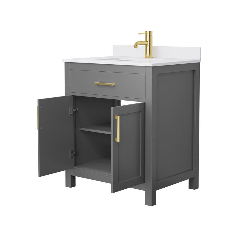 Meuble-lavabo simple autoportant 30 po avec plateau en marbre Beckett, Gris foncé, Or brossé, Marbre de culture blanc