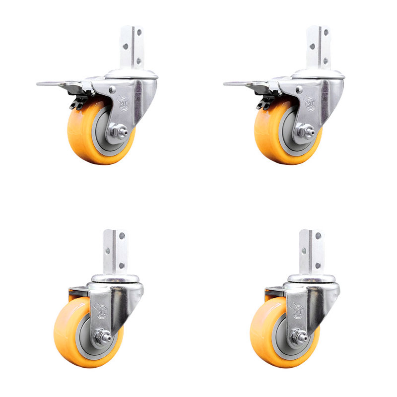 Ensemble de roulettes à tige carrée 3,5 po pivotant 3,5 po 7/8 po 2 freins à verrouillage total, Jaune