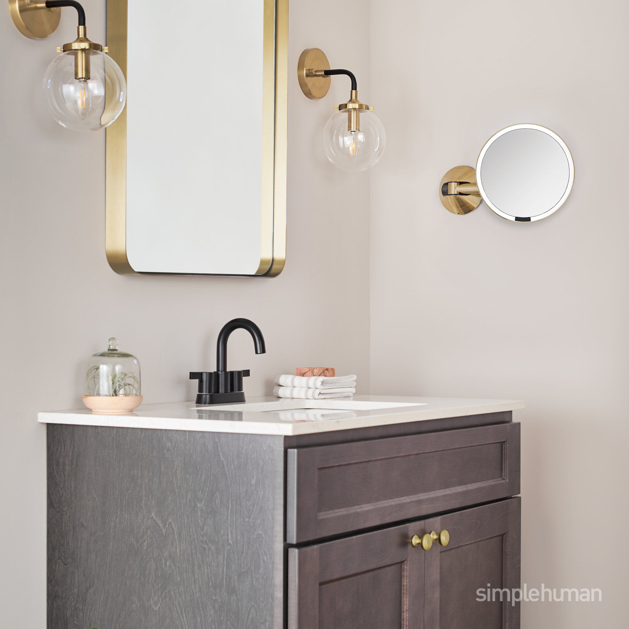 Simplehuman 8" Round Wall Mount Sensor Makeup Mirror, 5X Magnification, Hard-Wired, Stainless Steel, Brass