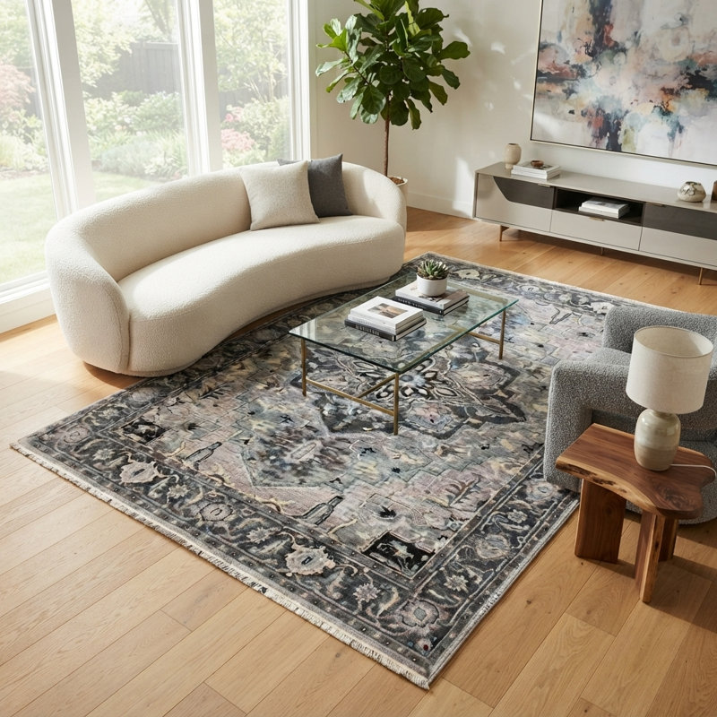 Tapis traditionnel en laine grise à motif floral fait main | Tapis de style transitionnel pour salon et chambre