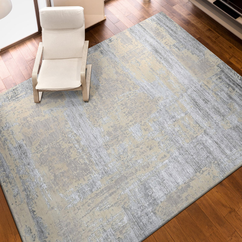 High-Quality Hand-Knotted Silver And Grey Area Rug, Rectangle 12' x 15'
