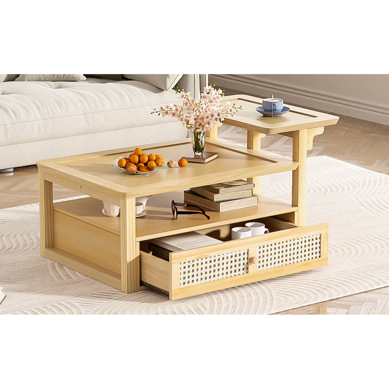 Coffee Table With 1 Storage Shelf And 1 Rattan Drawer, Natural