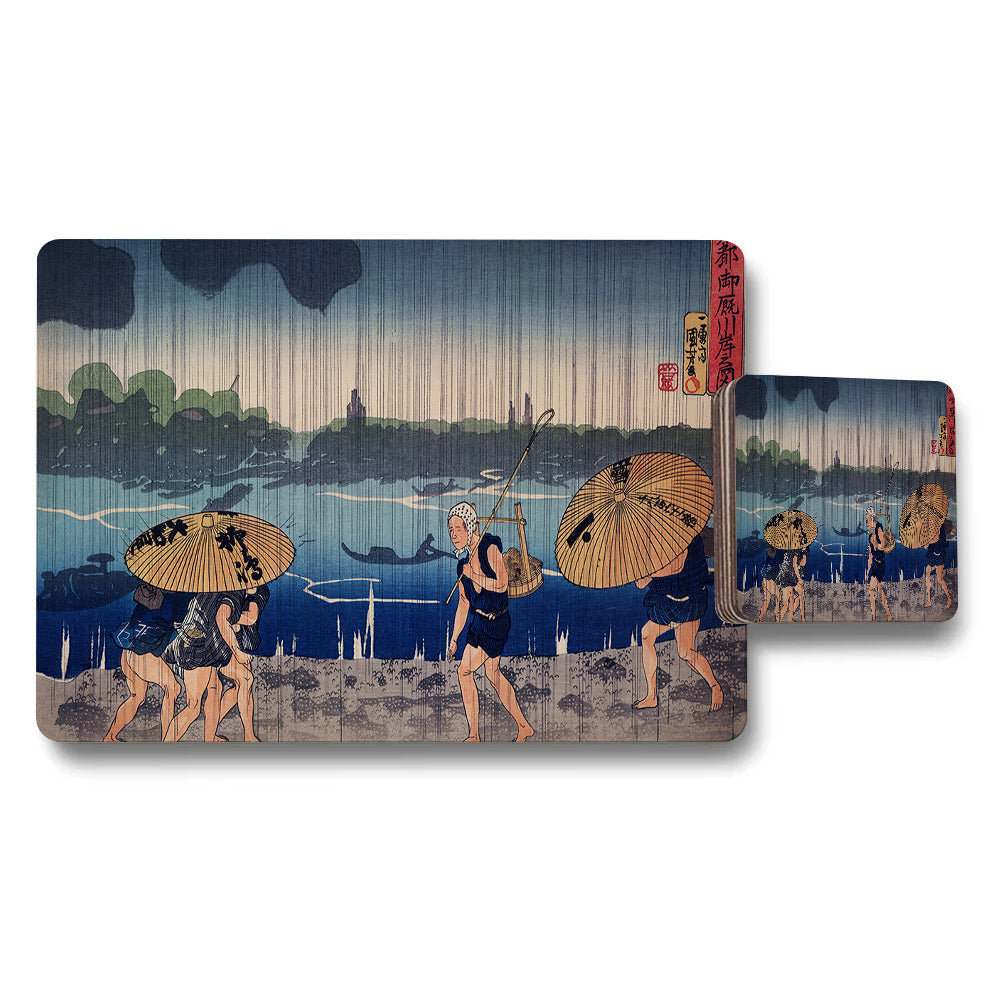 Ukioe Style Placemats And Coaster Set With River Scene