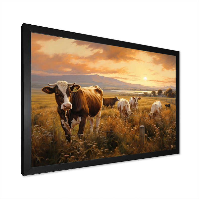 Cows At Farm Landscape V - Animaux, art mural sur toile, H 30 po x l 40 po x P 1,5 po, Cadre simple noir