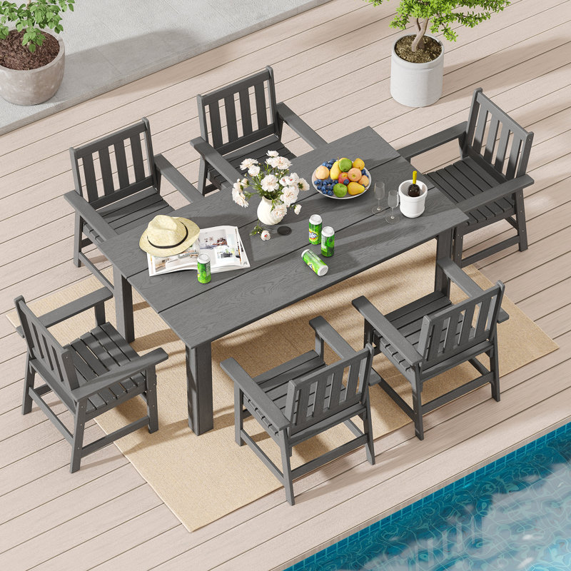 Table de salle à manger rectangulaire en PEHD pour l'extérieur avec trou pour parasol, Gris