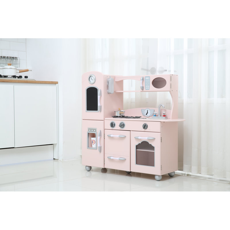 Teamson Kids Retro Wooden Play Kitchen with Chalkboard, Pretend Icemaker & Accessories, Pink