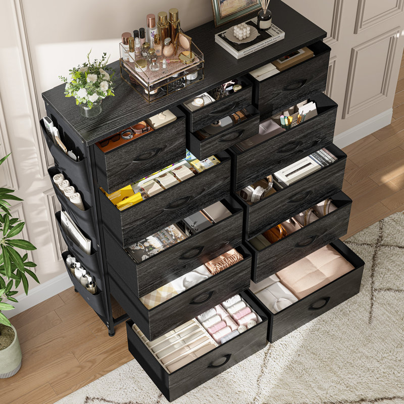 Dresser For Bedroom With 12 Drawers, Chest Of Drawers With 4 Side Pockets, Black