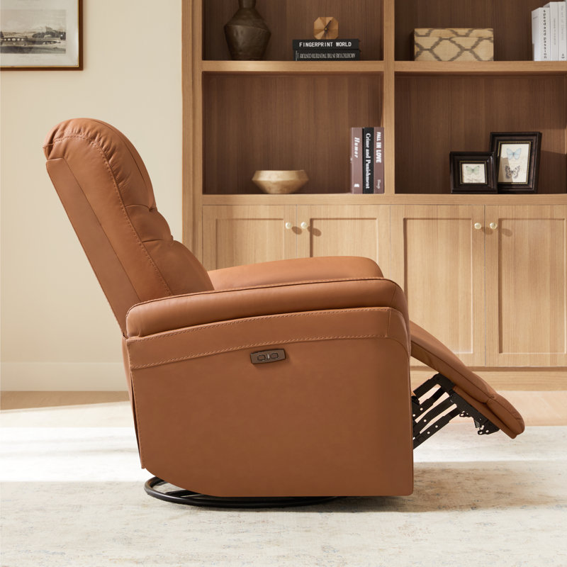 Martina Genuine Leather Swivel Gliding Power Recliner, Brown