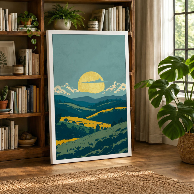 Golden Sun Over Fields Minimalist 1 Piece Wrapped Canvas Wall Art, 18x12 - 45.7 x 30.5 cm, Teal Border