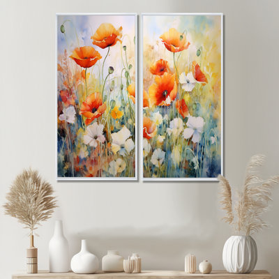 Blooming Red White Poppy Flowers In The Meadows - Floral Poppies Wall Decor