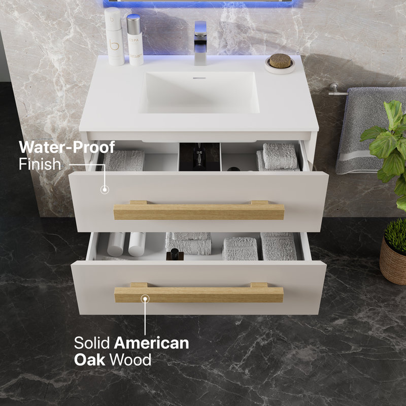 Siyka 32"W X 20"D Wall Mount Bathroom Vanity With White Solid Surface Countertop And Integrated Sink, White