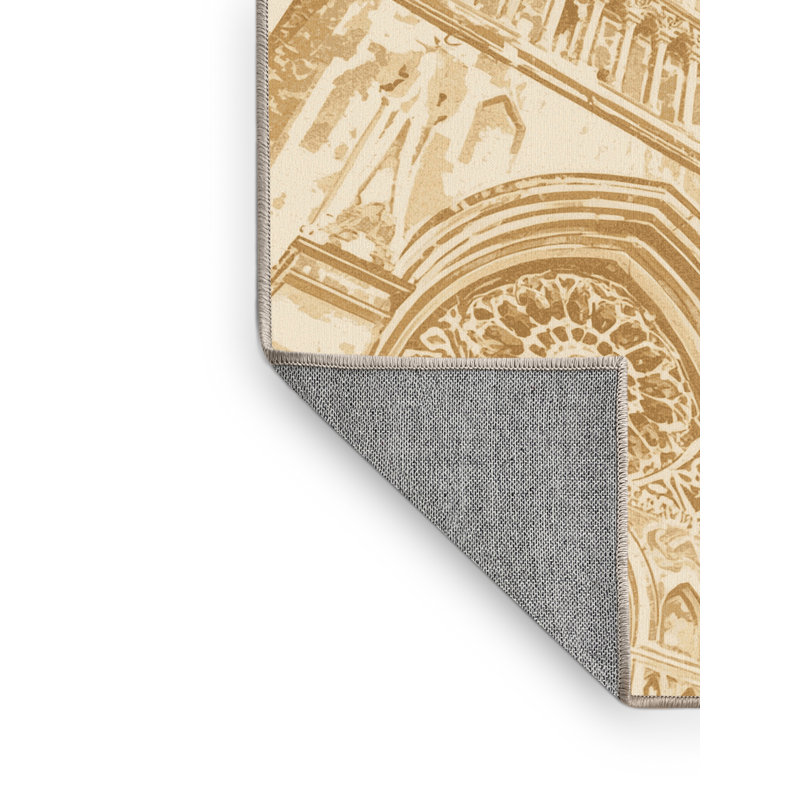 Machine Washable Paitlyn Notre Dame Cathedral Traditional Block Print Rug in Beige – Beige Binding, 7x9