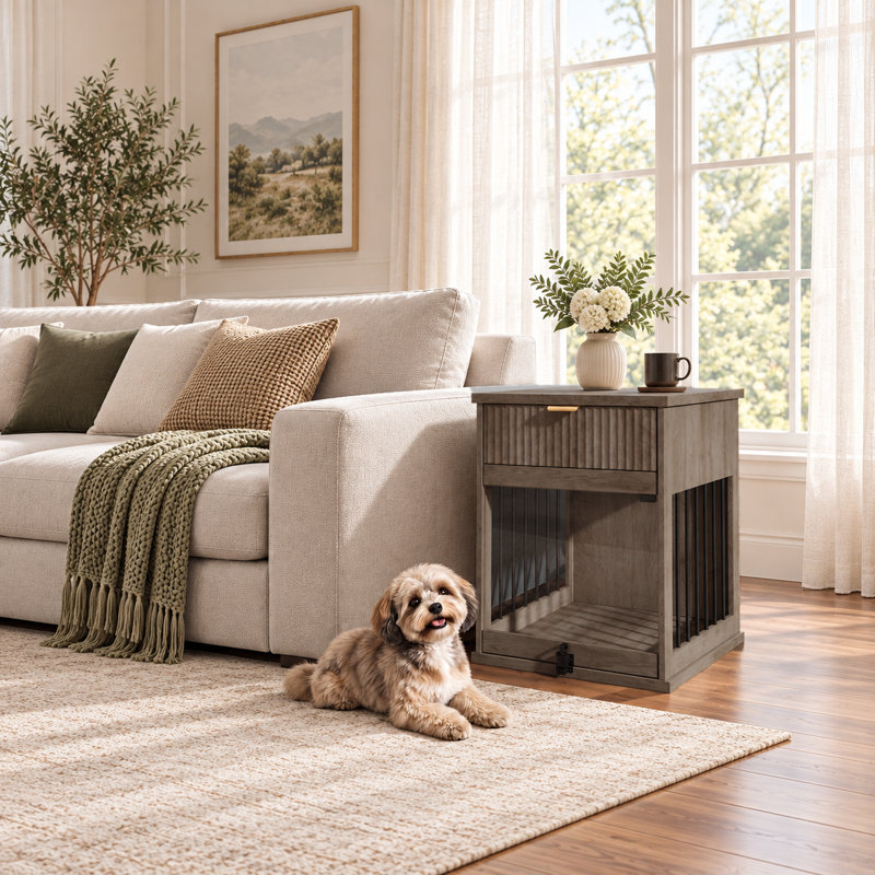 Table d'appoint pour cage pour chien avec station de recharge, porte en verre trempé et tiroir de rangement