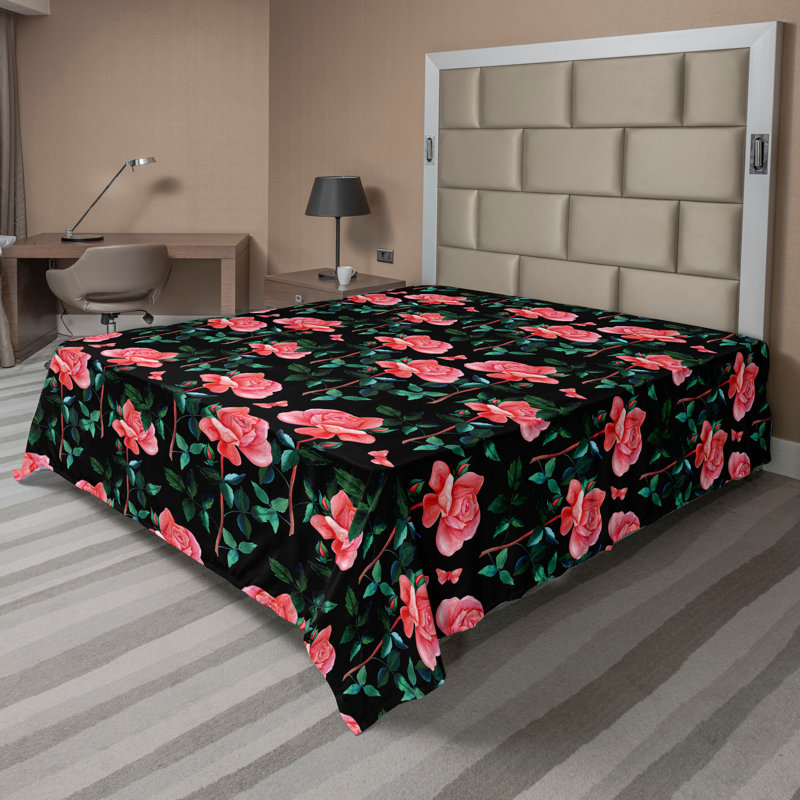 Floral Flat Sheet, Coral Teal and Black
